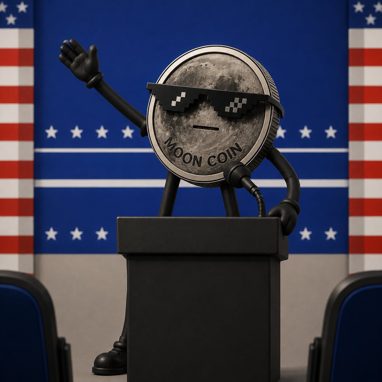 The MOON COIN character addressing a press conference behind a podium