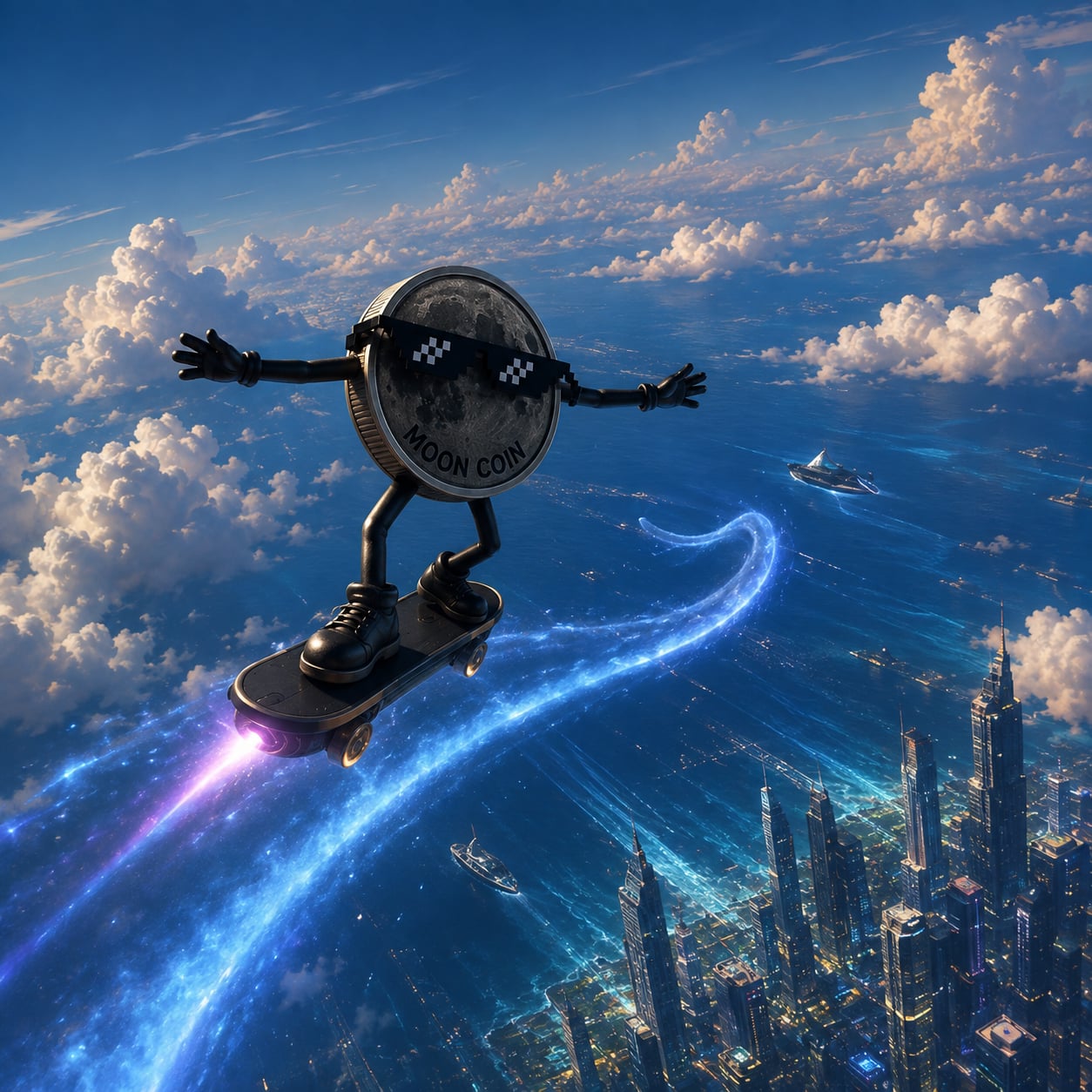 The MOON COIN character riding a glowing skyboard above the clouds and city
