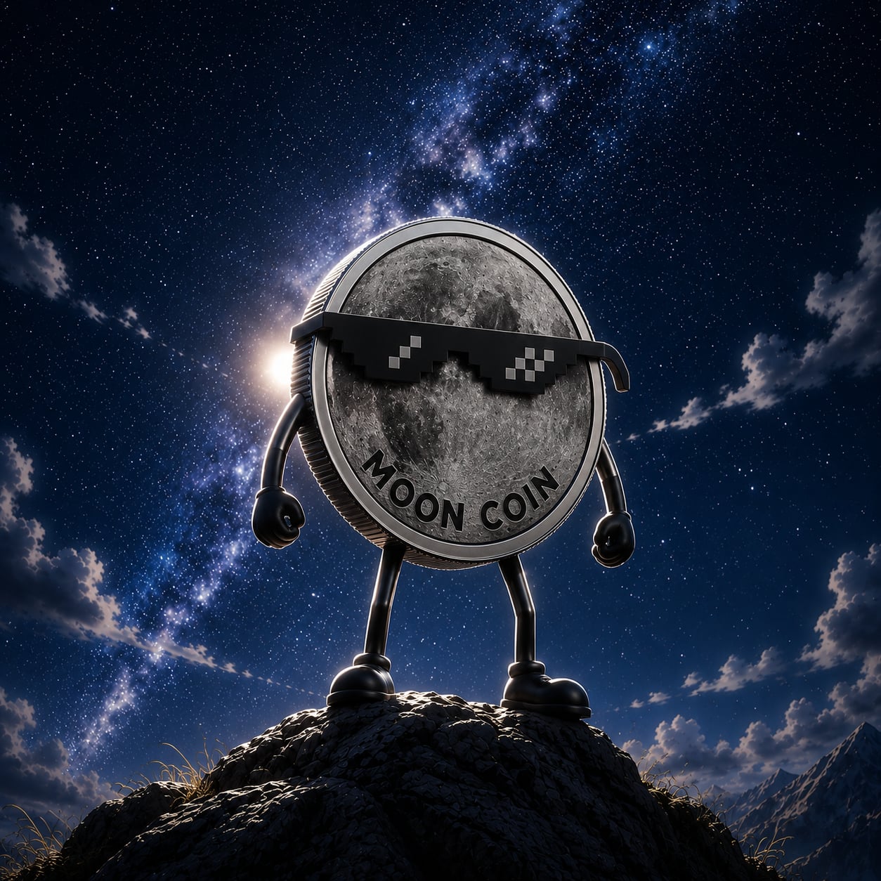 The MOON COIN character standing on a mountain summit under the Milky Way